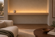 Gentry Stinson Rift White Oak Floating Shelf | 72″ × 8″ × 4″ | Wall to Wall | Unfinished | LED Light Ready — Top Front LED location, rendering with separately supplied LED tape installed