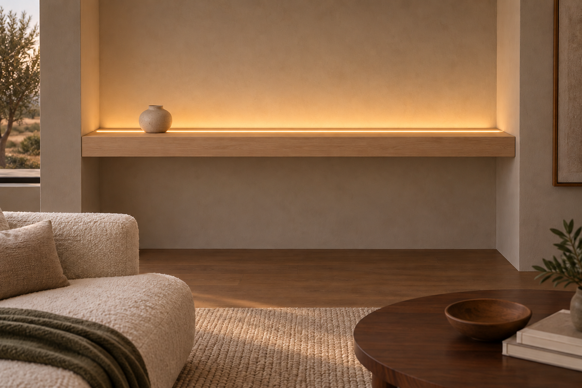 Gentry Stinson Rift White Oak Floating Shelf | 72″ × 8″ × 4″ | Wall to Wall | Unfinished | LED Light Ready — Top Front LED location, rendering with separately supplied LED tape installed