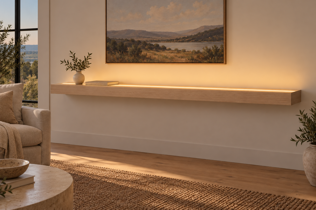 Gentry Stinson Rift White Oak Floating Shelf | 78″ × 10″ × 3″ | Standard Mount | Unfinished | LED Light Ready — Top Front LED location, rendering with separately supplied LED tape installed