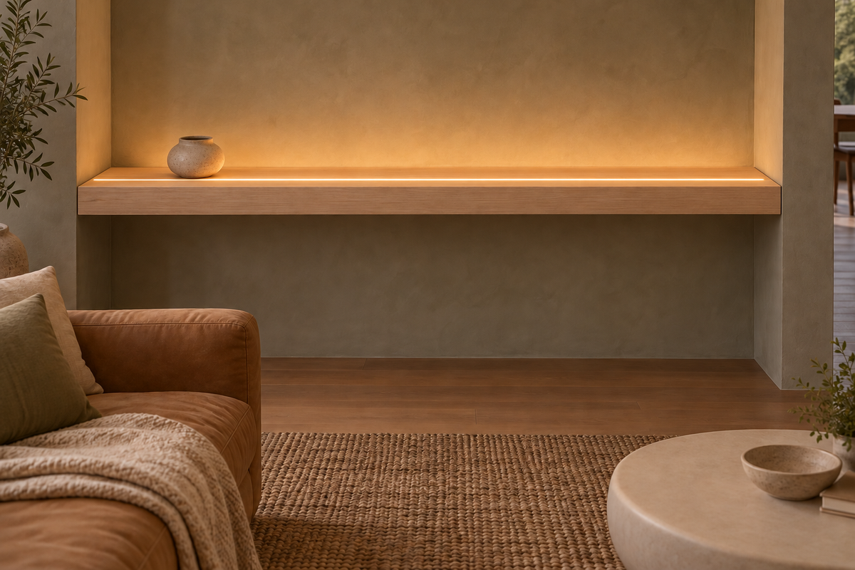 Gentry Stinson Rift White Oak Floating Shelf | 78″ × 10″ × 3″ | Wall to Wall | Unfinished | LED Light Ready — Top Front LED location, rendering with separately supplied LED tape installed