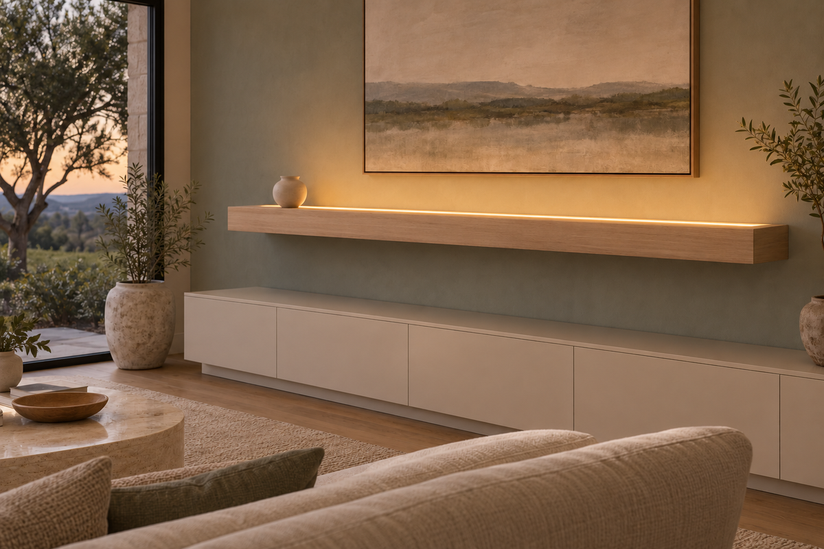 Gentry Stinson Rift White Oak Floating Shelf | 78″ × 10″ × 4″ | Standard Mount | Unfinished | LED Light Ready — Top Front LED location, rendering with separately supplied LED tape installed