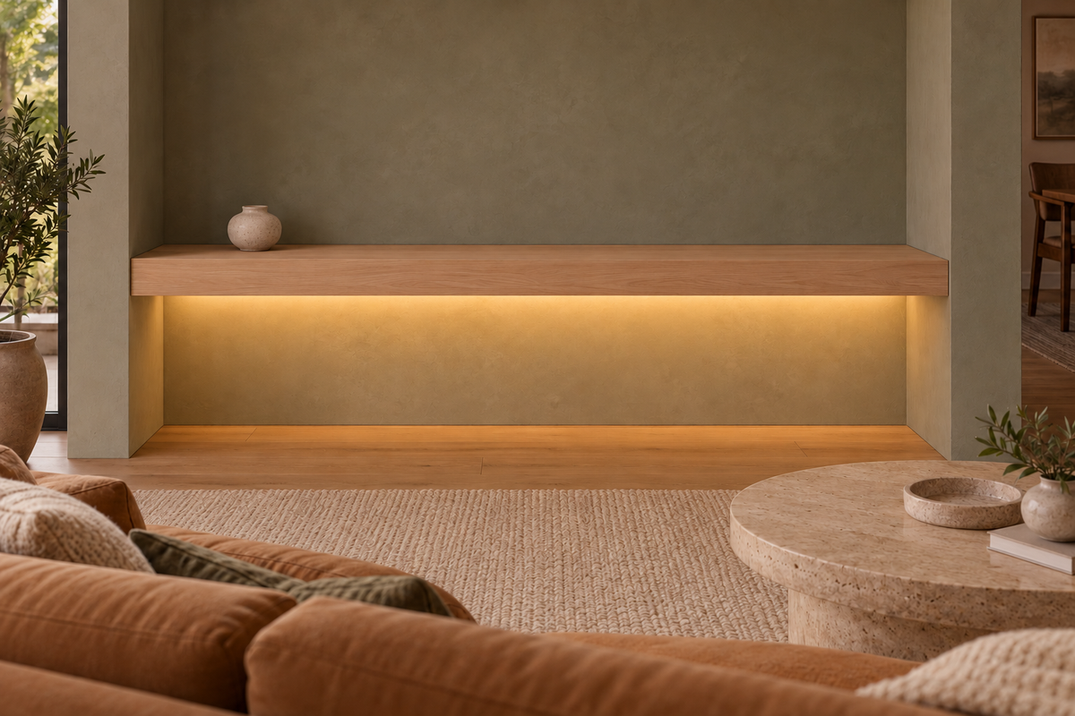 Gentry Stinson Rift White Oak Floating Shelf | 78″ × 10″ × 4″ | Wall to Wall | Unfinished | LED Light Ready — Bottom Rear LED location, rendering with separately supplied LED tape installed