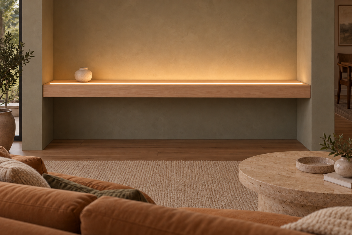 Gentry Stinson Rift White Oak Floating Shelf | 78″ × 10″ × 4″ | Wall to Wall | Unfinished | LED Light Ready — Top Front LED location, rendering with separately supplied LED tape installed