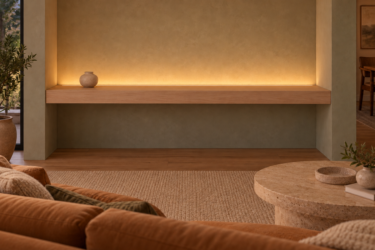 Gentry Stinson Rift White Oak Floating Shelf | 78″ × 10″ × 4″ | Wall to Wall | Unfinished | LED Light Ready — Top Rear LED location, rendering with separately supplied LED tape installed
