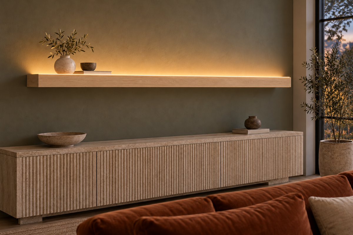 Gentry Stinson Rift White Oak Floating Shelf | 78″ × 8″ × 3″ | Standard Mount | Unfinished | LED Light Ready — Top Front LED location, rendering with separately supplied LED tape installed