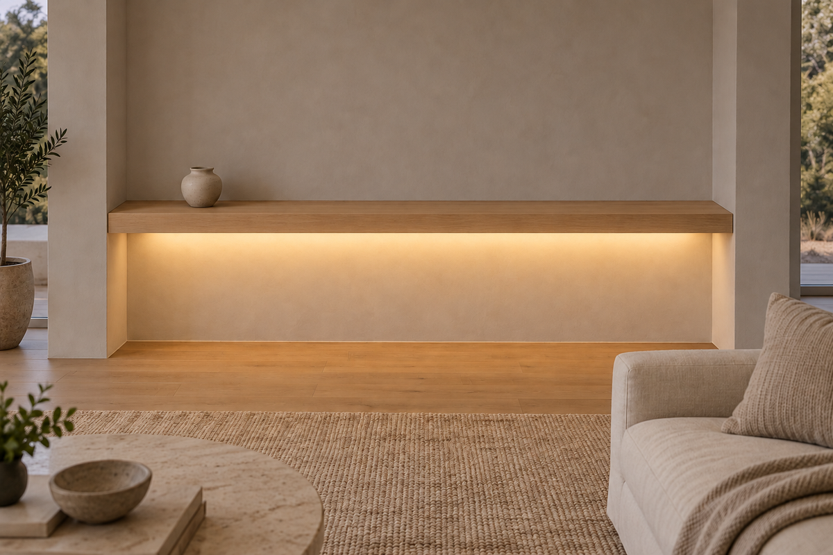 Gentry Stinson Rift White Oak Floating Shelf | 78″ × 8″ × 3″ | Wall to Wall | Unfinished | LED Light Ready — Bottom Rear LED location, rendering with separately supplied LED tape installed