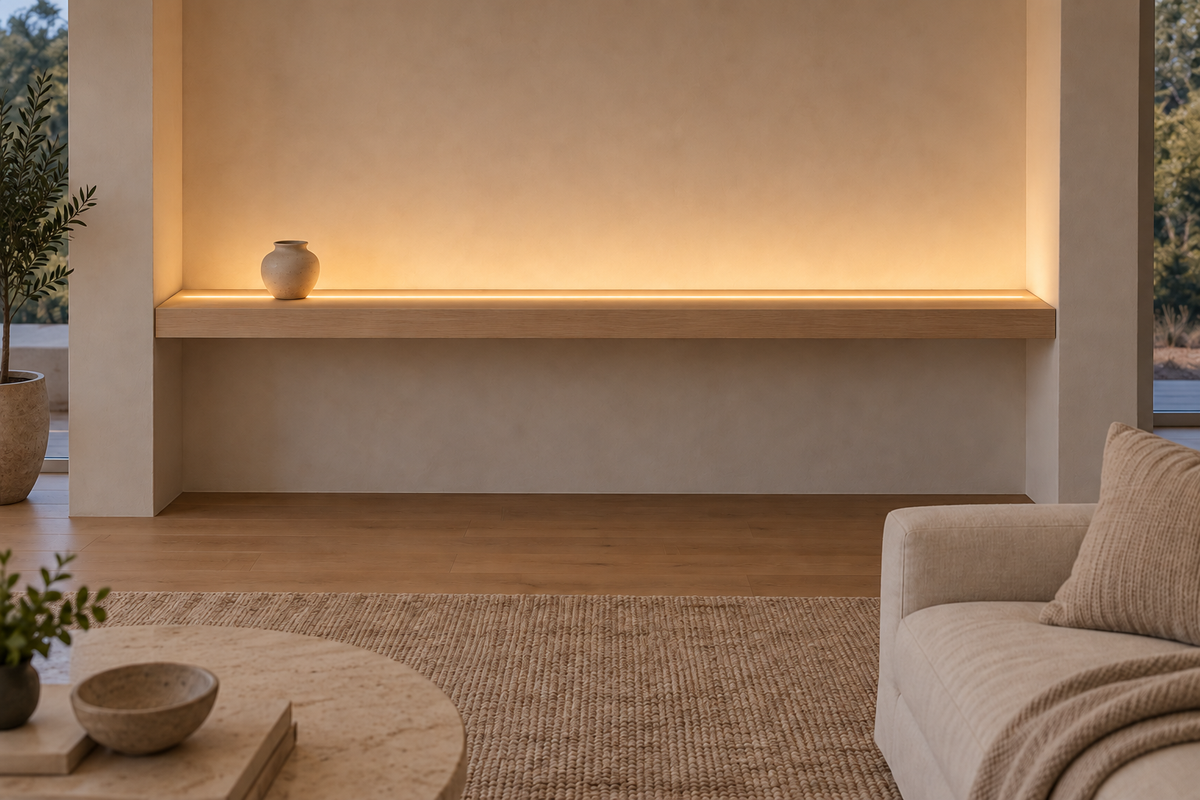 Gentry Stinson Rift White Oak Floating Shelf | 78″ × 8″ × 3″ | Wall to Wall | Unfinished | LED Light Ready — Top Front LED location, rendering with separately supplied LED tape installed