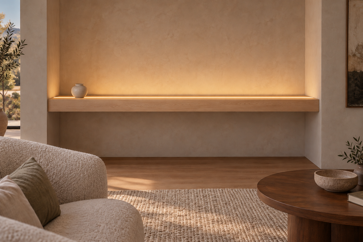 Gentry Stinson Rift White Oak Floating Shelf | 78″ × 8″ × 4″ | Wall to Wall | Unfinished | LED Light Ready — Top Front LED location, rendering with separately supplied LED tape installed