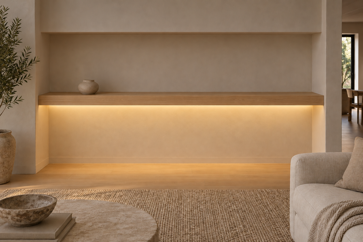Gentry Stinson Rift White Oak Floating Shelf | 84″ × 8″ × 3″ | Wall to Wall | Unfinished | LED Light Ready — Bottom Front LED location, rendering with separately supplied LED tape installed