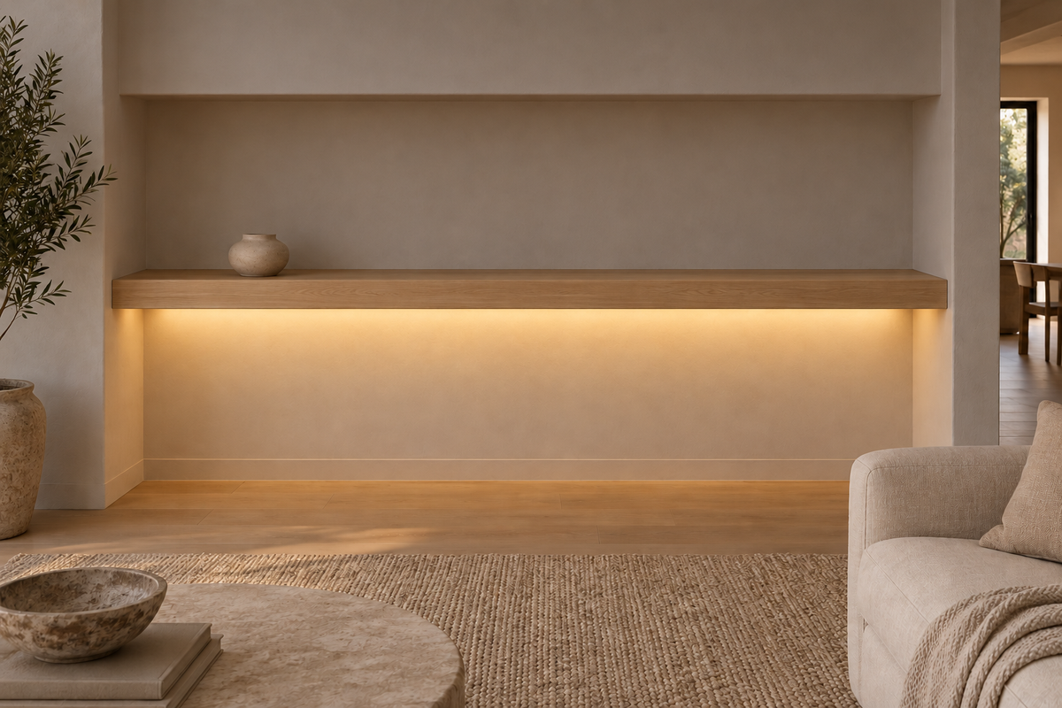 Gentry Stinson Rift White Oak Floating Shelf | 84″ × 8″ × 3″ | Wall to Wall | Unfinished | LED Light Ready — Bottom Rear LED location, rendering with separately supplied LED tape installed