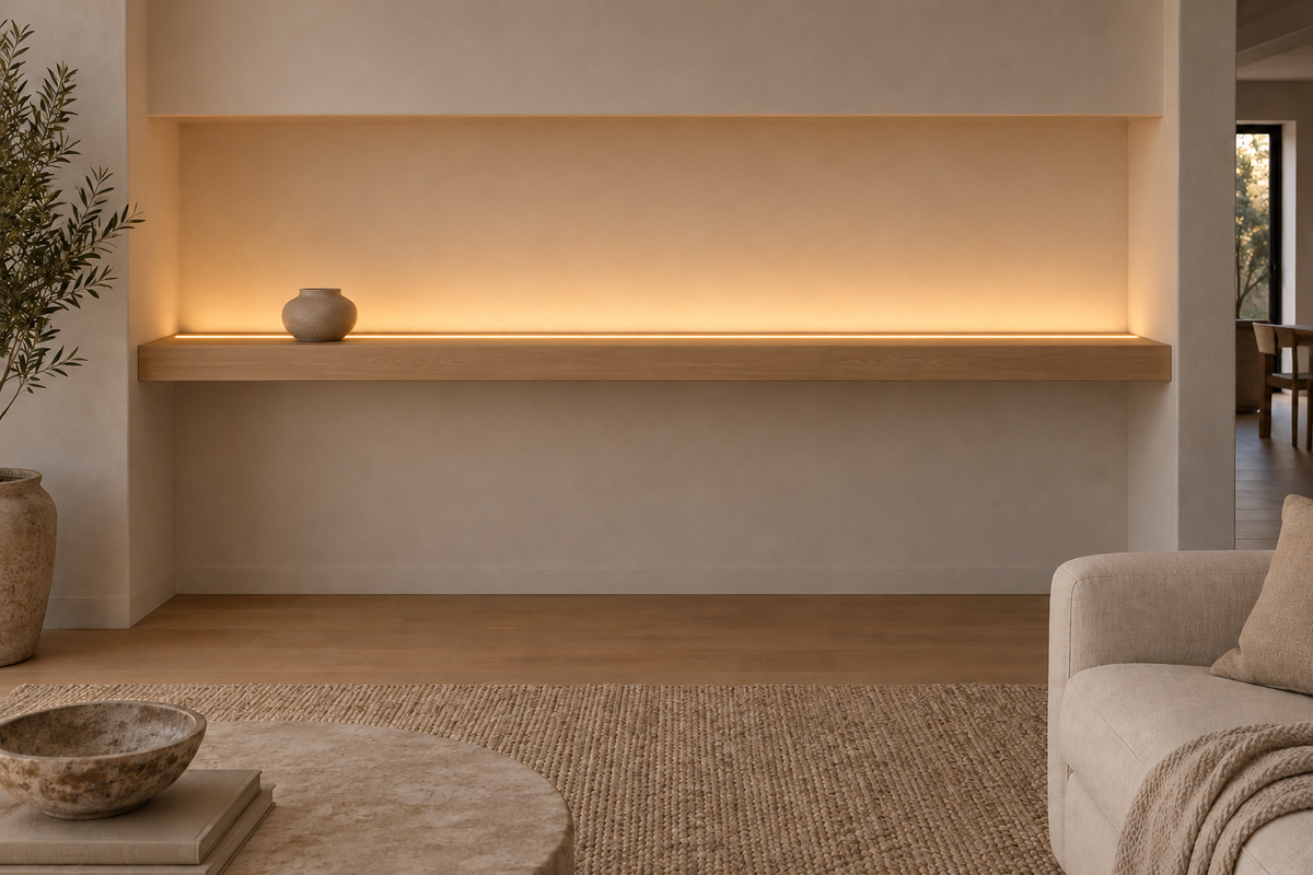 Gentry Stinson Rift White Oak Floating Shelf | 84″ × 8″ × 3″ | Wall to Wall | Unfinished | LED Light Ready — Top Front LED location, rendering with separately supplied LED tape installed
