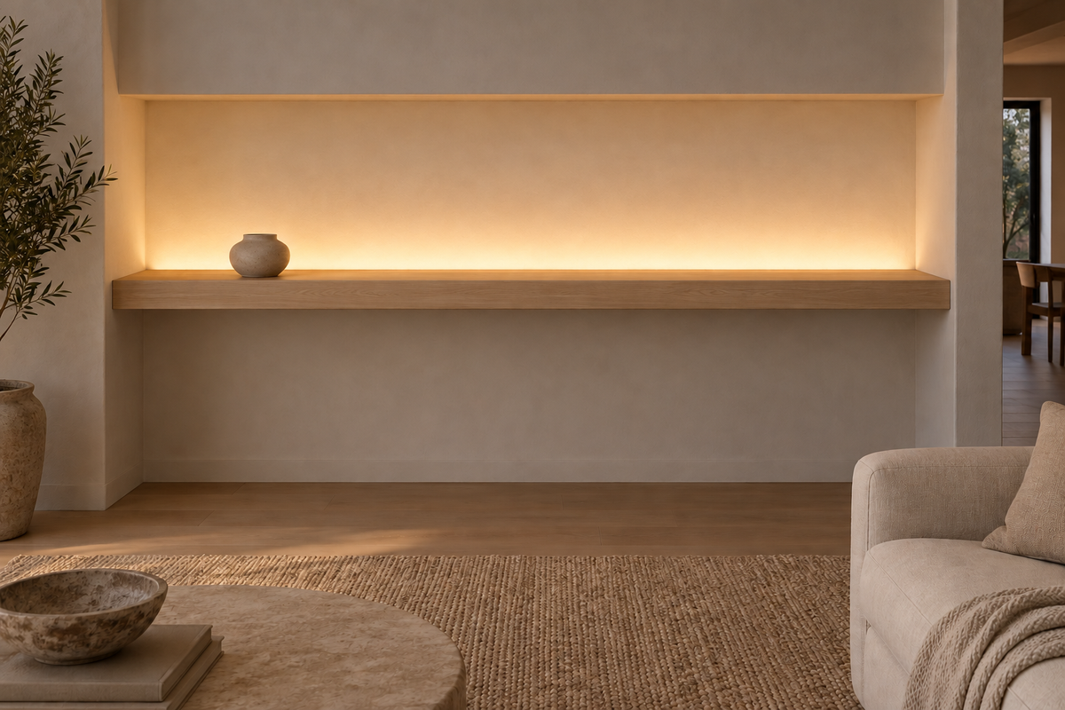 Gentry Stinson Rift White Oak Floating Shelf | 84″ × 8″ × 3″ | Wall to Wall | Unfinished | LED Light Ready — Top Rear LED location, rendering with separately supplied LED tape installed