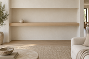 Gentry Stinson Rift White Oak Floating Shelf | 84″ × 8″ × 3″ | Wall to Wall | Unfinished — unlit living-room rendering