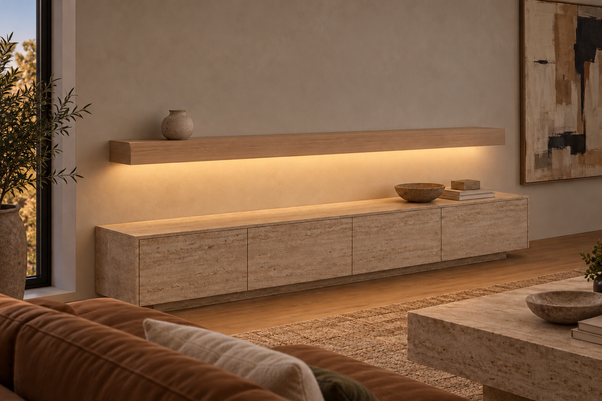 Gentry Stinson Rift White Oak Floating Shelf | 84″ × 8″ × 4″ | Standard Mount | Unfinished | LED Light Ready — Bottom Front LED location, rendering with separately supplied LED tape installed
