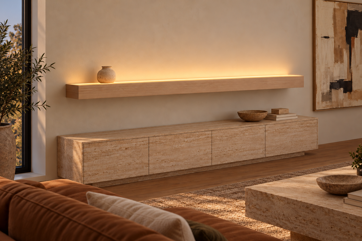Gentry Stinson Rift White Oak Floating Shelf | 84″ × 8″ × 4″ | Standard Mount | Unfinished | LED Light Ready — Top Front LED location, rendering with separately supplied LED tape installed