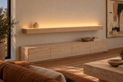 Gentry Stinson Rift White Oak Floating Shelf | 84″ × 8″ × 4″ | Standard Mount | Unfinished | LED Light Ready — Top Front LED location, rendering with separately supplied LED tape installed