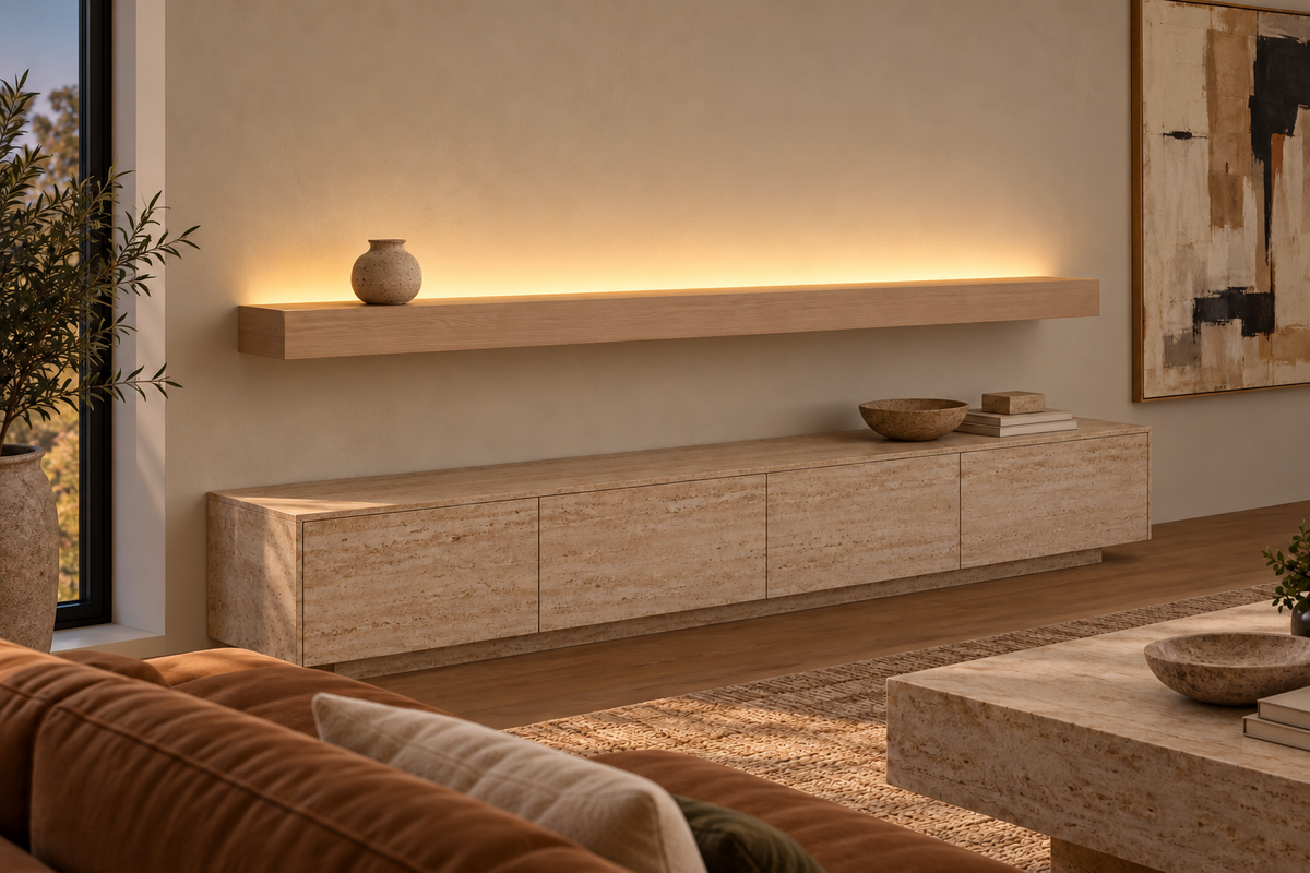 Gentry Stinson Rift White Oak Floating Shelf | 84″ × 8″ × 4″ | Standard Mount | Unfinished | LED Light Ready — Top Rear LED location, rendering with separately supplied LED tape installed