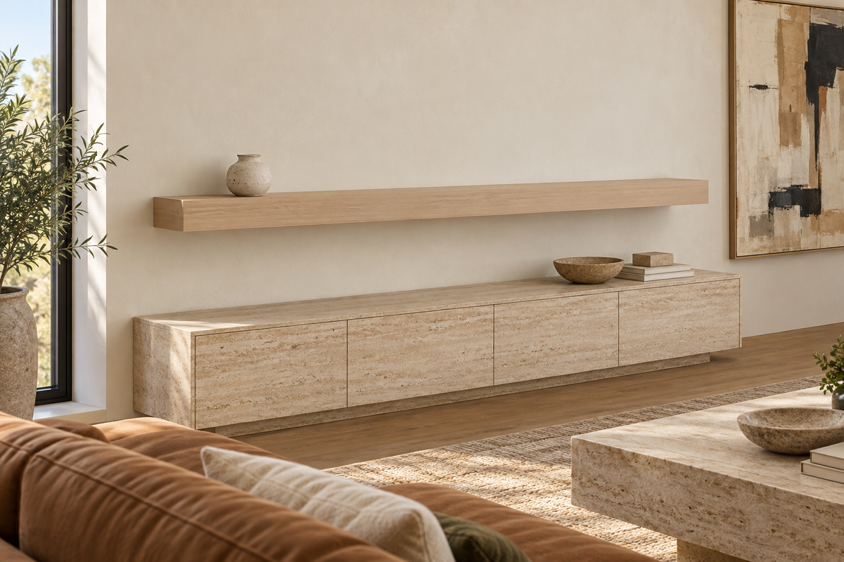 Gentry Stinson Rift White Oak Floating Shelf | 84″ × 8″ × 4″ | Standard Mount | Unfinished — unlit living-room rendering