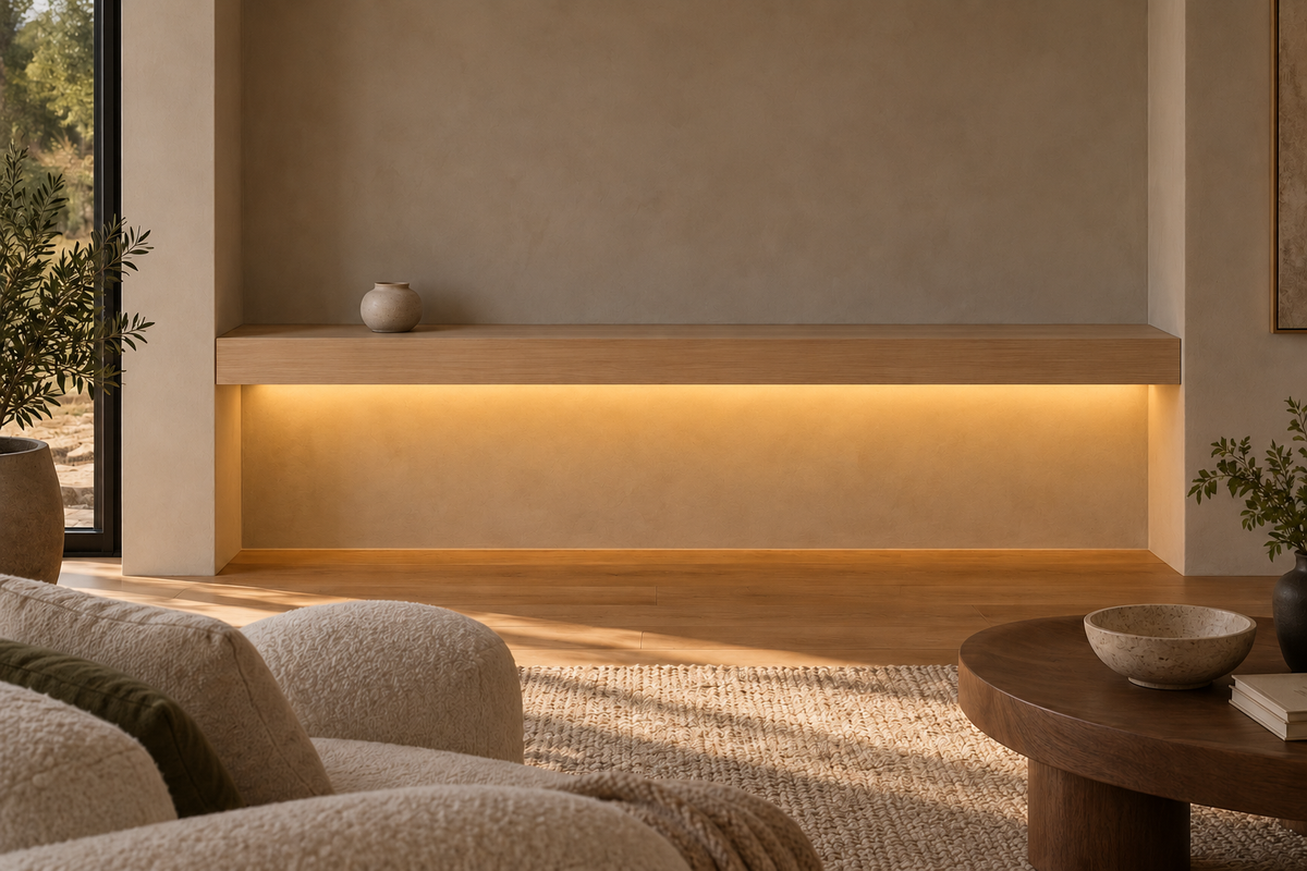 Gentry Stinson Rift White Oak Floating Shelf | 84″ × 8″ × 4″ | Wall to Wall | Unfinished | LED Light Ready — Bottom Rear LED location, rendering with separately supplied LED tape installed
