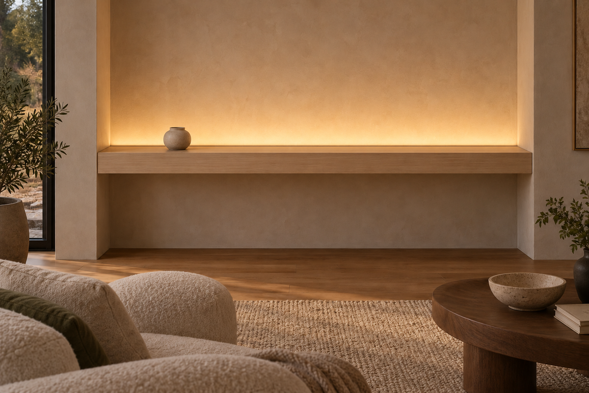 Gentry Stinson Rift White Oak Floating Shelf | 84″ × 8″ × 4″ | Wall to Wall | Unfinished | LED Light Ready — Top Rear LED location, rendering with separately supplied LED tape installed