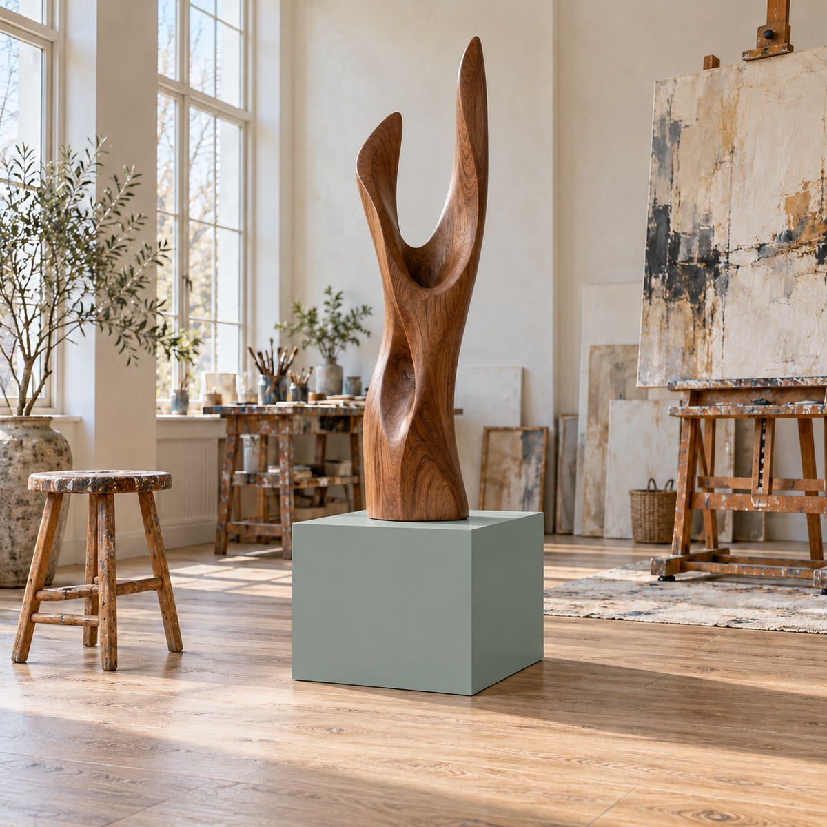 Titan 12 × 16 × 12 inch painted pedestal in Halcyon Green SW 6213, styled with artwork.