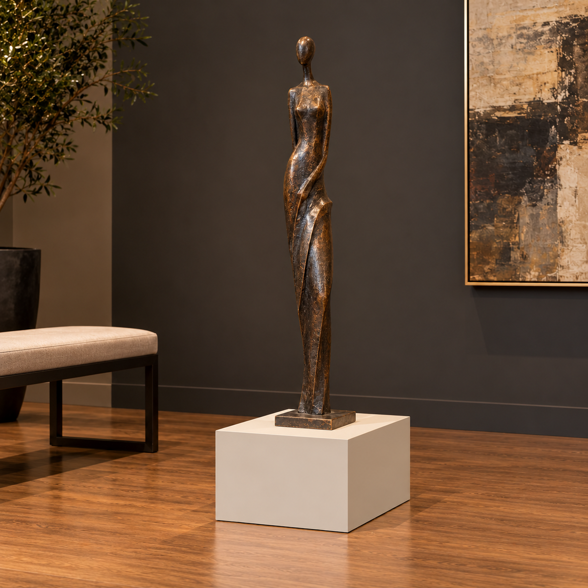 Titan 12 × 16 × 12 inch painted pedestal in Natural Linen SW 9109, styled with artwork.