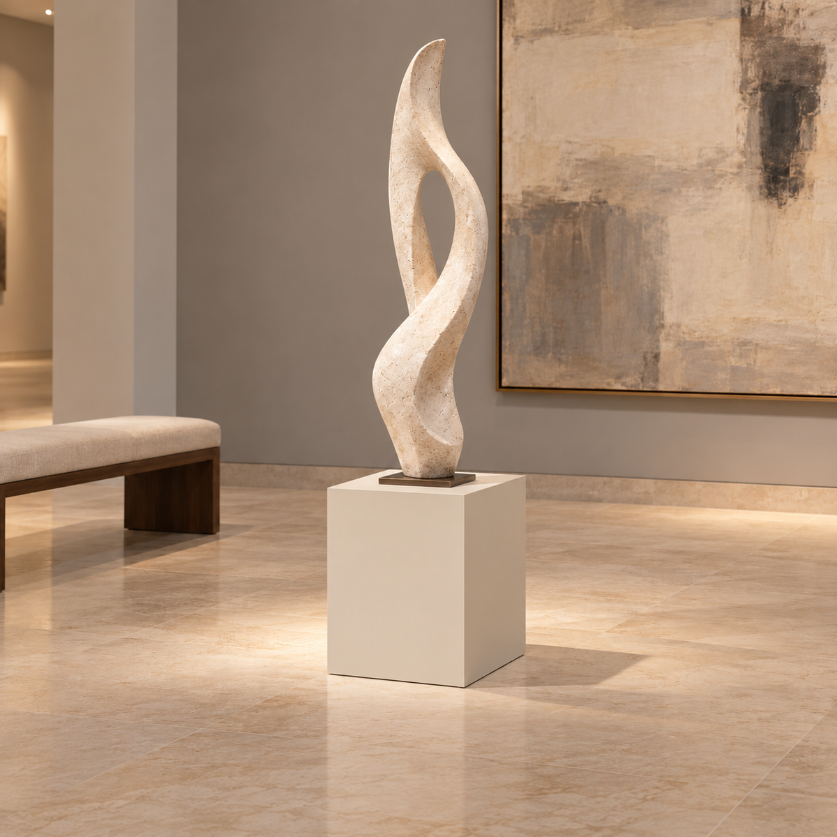 Titan 12 × 16 × 18 inch painted pedestal in Natural Linen SW 9109, styled with artwork.