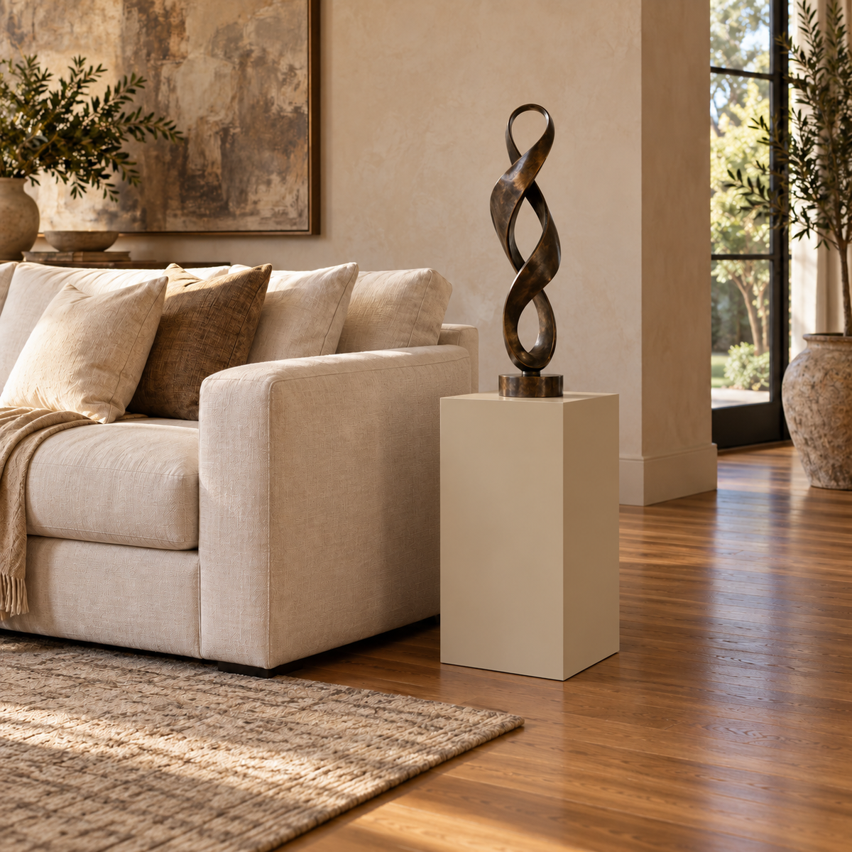 Titan 12 × 16 × 24 inch painted pedestal in Universal Khaki SW 6150, styled with artwork.