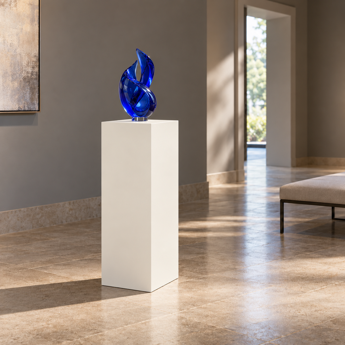 Titan 12 × 16 × 30 inch painted pedestal in Alabaster SW 7008, styled with artwork.