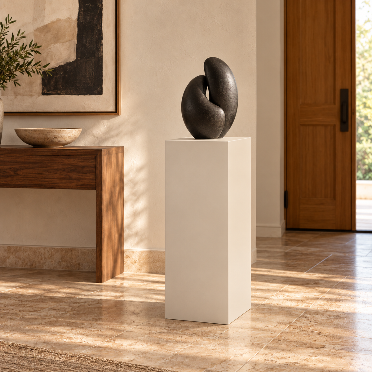 Titan 12 × 16 × 30 inch painted pedestal in Natural Linen SW 9109, styled with artwork.