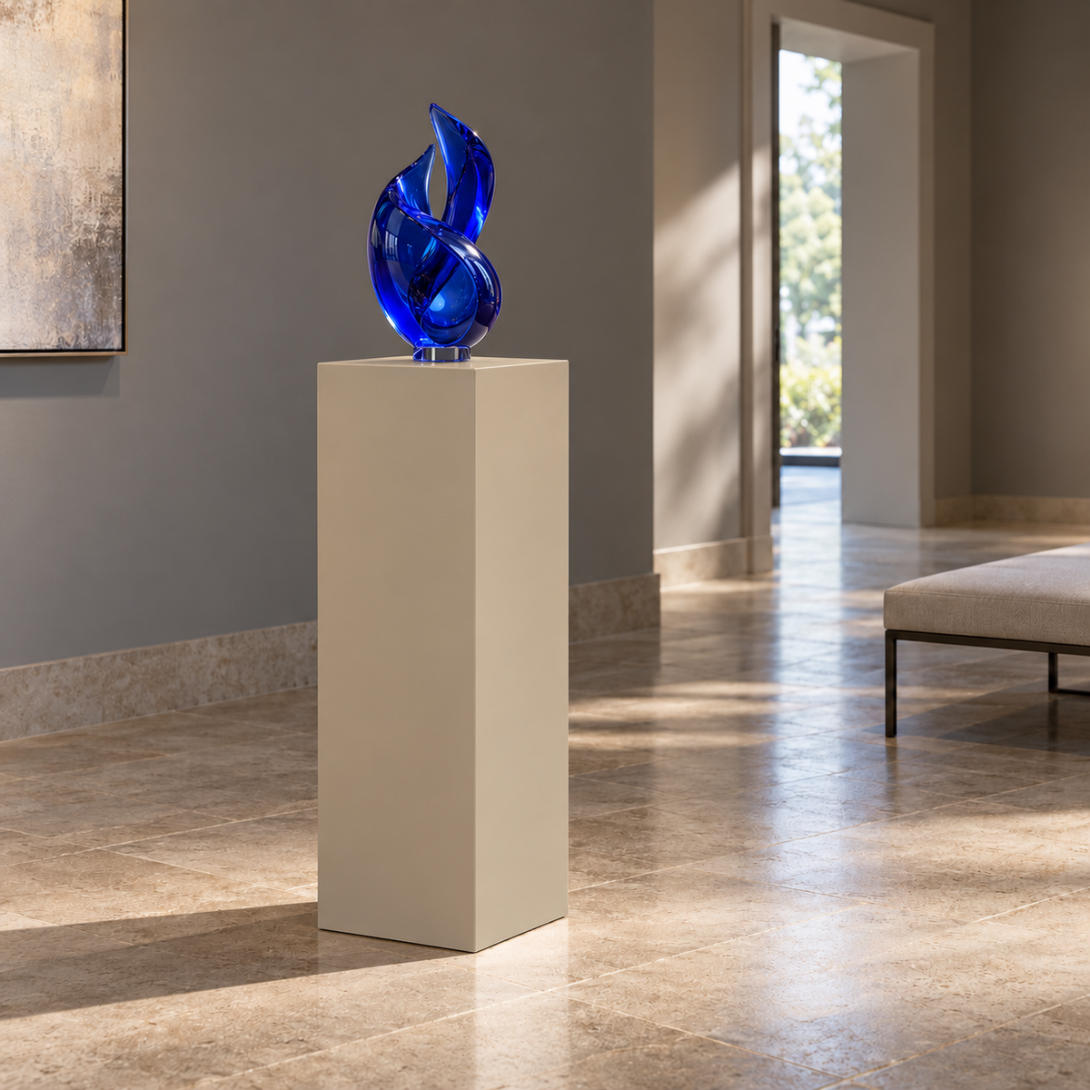 Titan 12 × 16 × 30 inch painted pedestal in Universal Khaki SW 6150, styled with artwork.