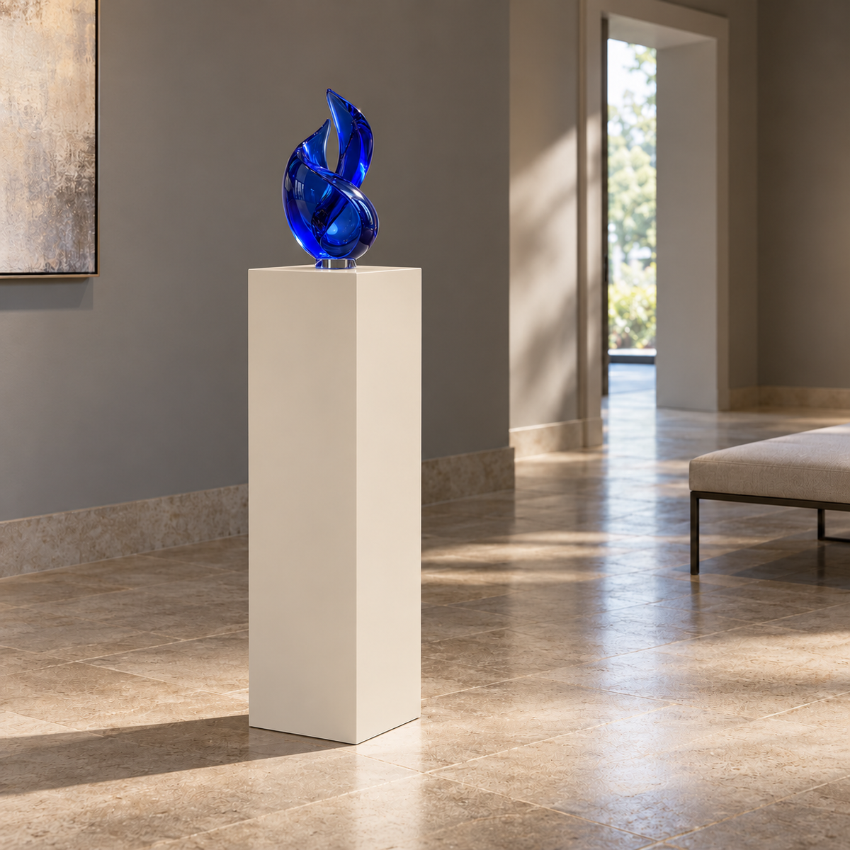 Titan 12 × 16 × 36 inch painted pedestal in Natural Linen SW 9109, styled with artwork.