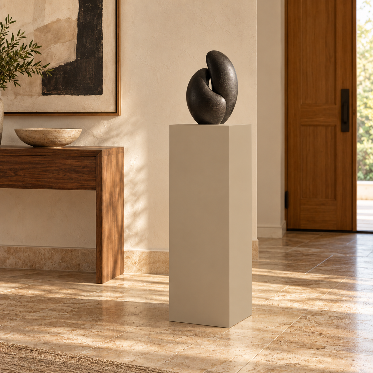 Titan 12 × 16 × 36 inch painted pedestal in Universal Khaki SW 6150, styled with artwork.
