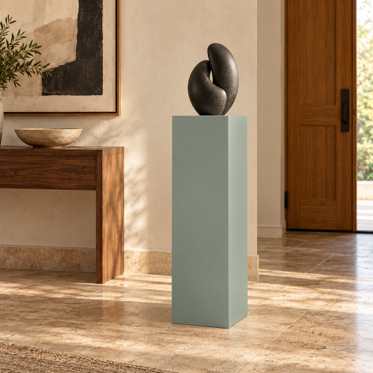 Titan 12 × 16 × 42 inch painted pedestal in Halcyon Green SW 6213, styled with artwork.