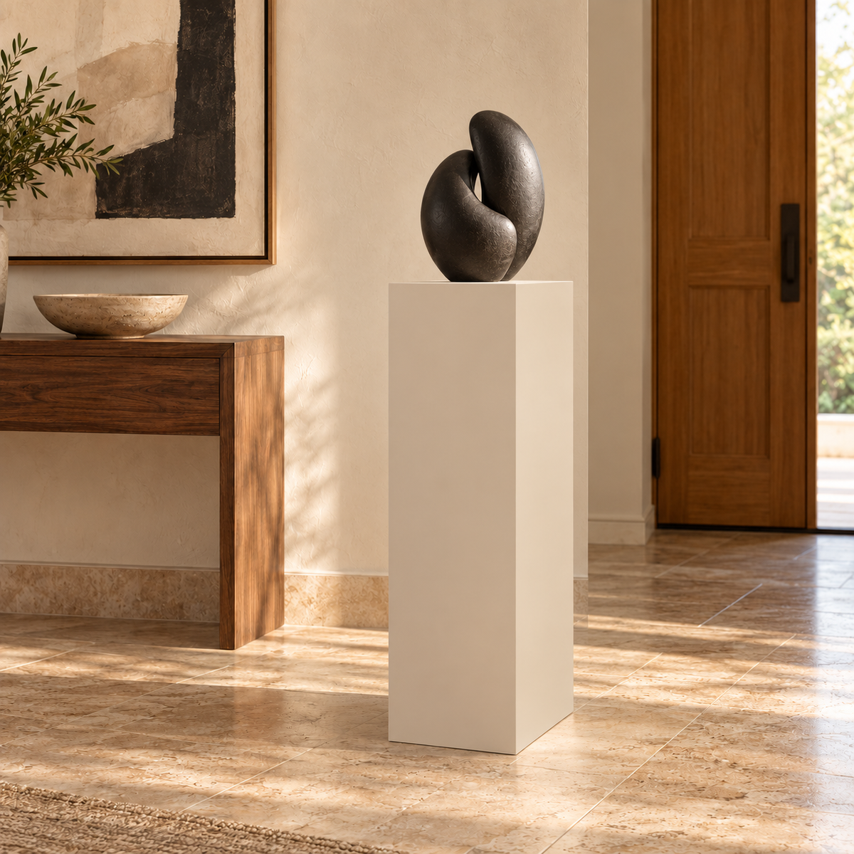 Titan 12 × 16 × 42 inch painted pedestal in Natural Linen SW 9109, styled with artwork.