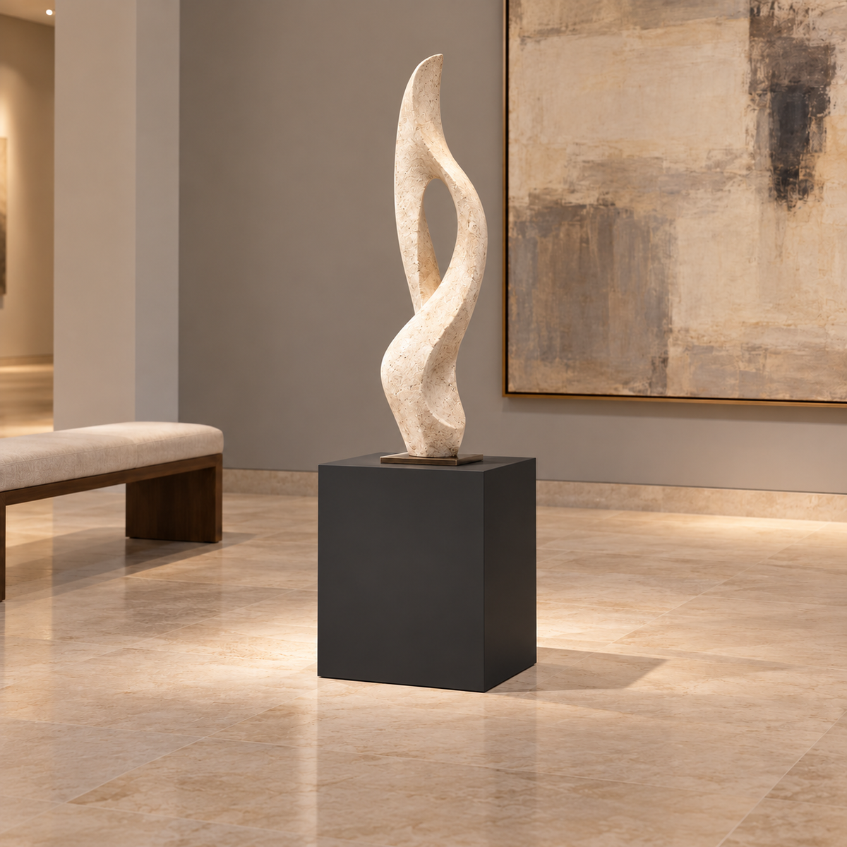 Titan 16 × 16 × 18 inch painted pedestal in Tricorn Black SW 6258, styled with artwork.