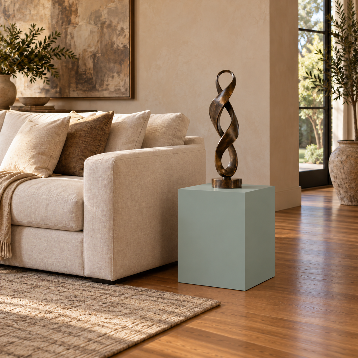 Titan 16 × 16 × 24 inch painted pedestal in Halcyon Green SW 6213, styled with artwork.