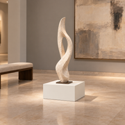 Titan 20 × 20 × 12 inch painted pedestal in Alabaster SW 7008, styled with artwork.