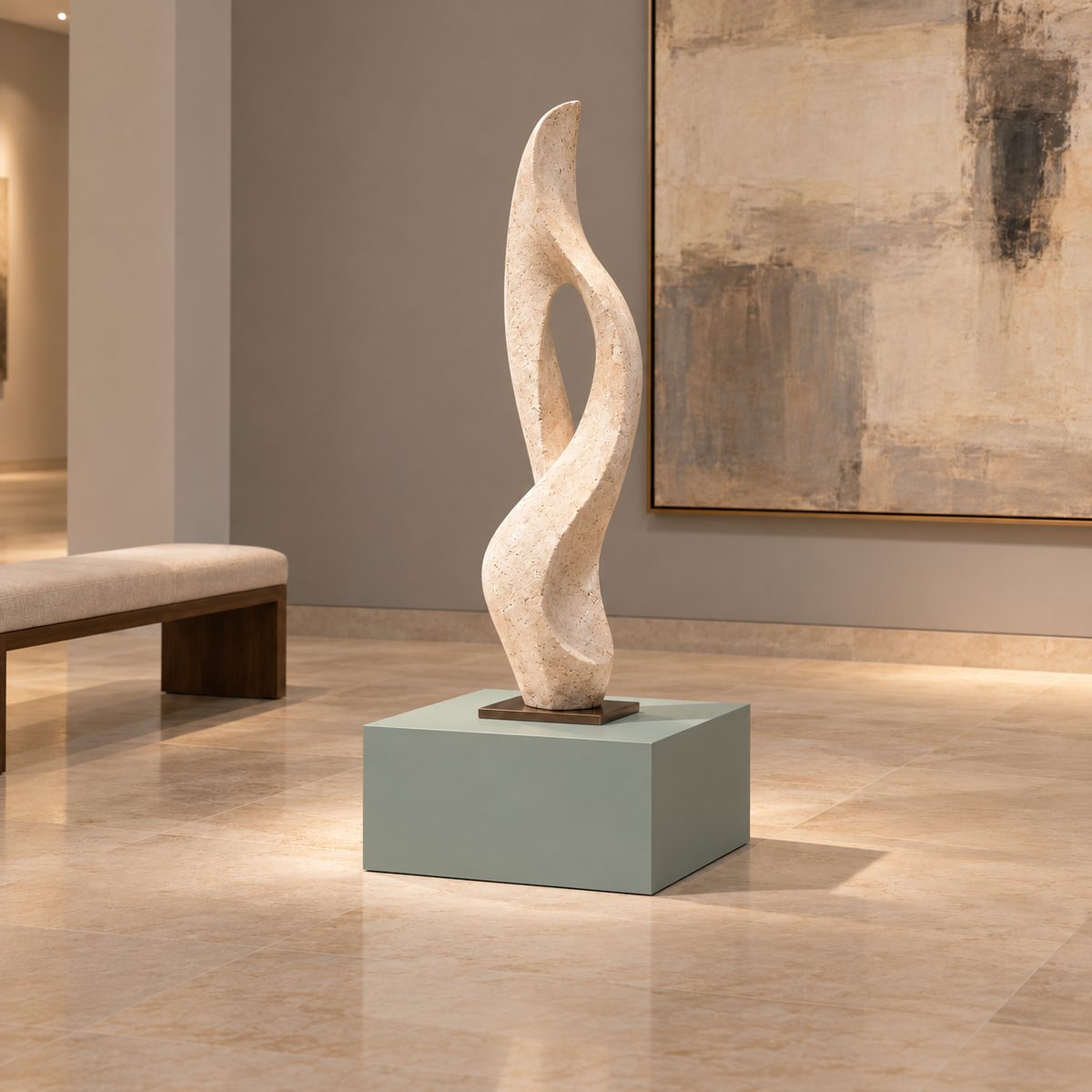 Titan 20 × 20 × 12 inch painted pedestal in Halcyon Green SW 6213, styled with artwork.