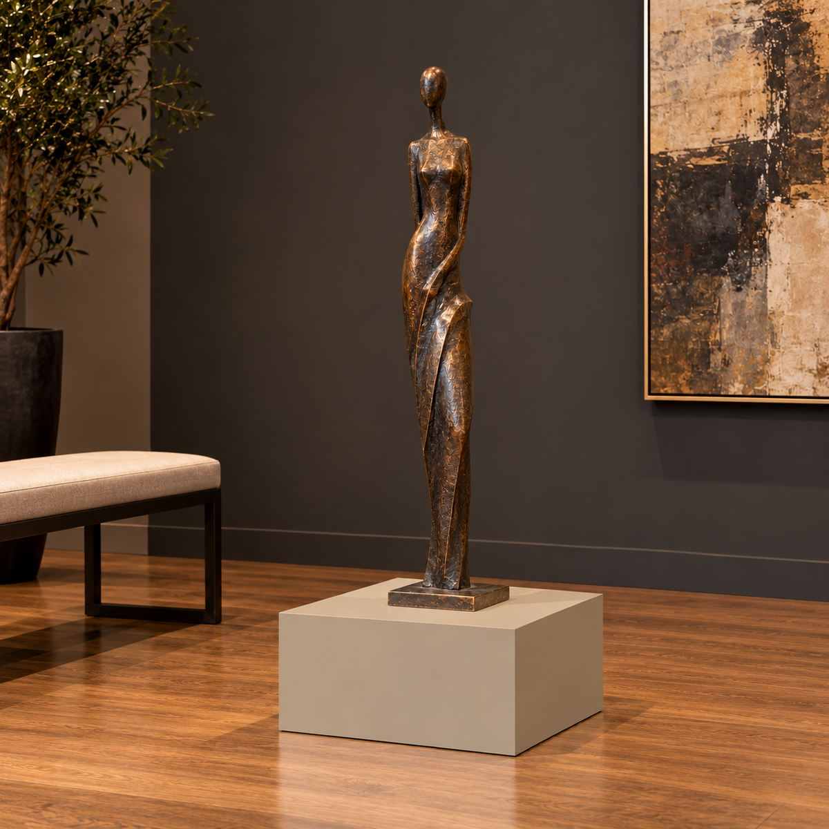 Titan 20 × 20 × 12 inch painted pedestal in Universal Khaki SW 6150, styled with artwork.