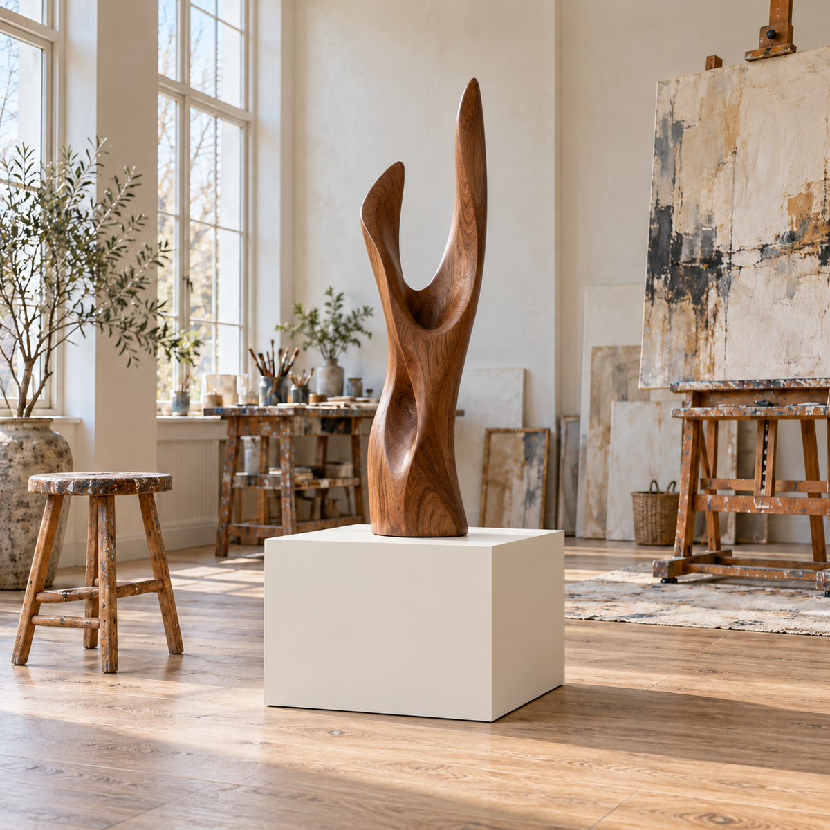 Titan 20 × 20 × 18 inch painted pedestal in Alabaster SW 7008, styled with artwork.