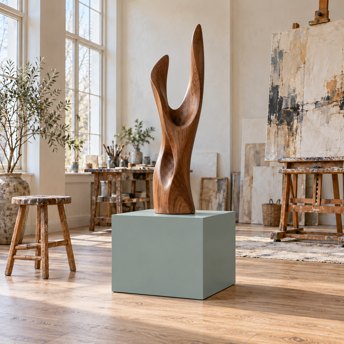 Titan 20 × 20 × 18 inch painted pedestal in Halcyon Green SW 6213, styled with artwork.