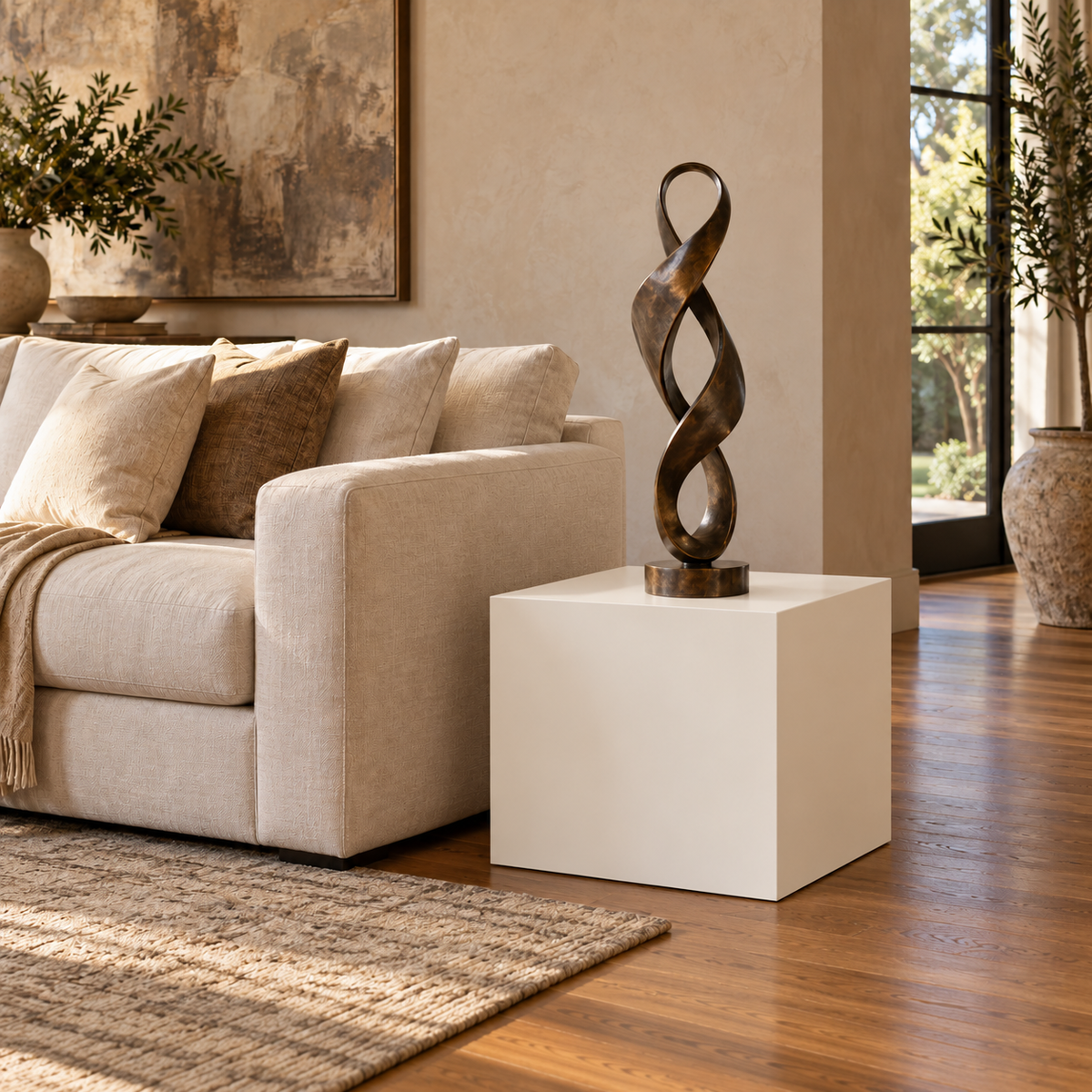 Titan 20 × 20 × 24 inch painted pedestal in Alabaster SW 7008, styled with artwork.
