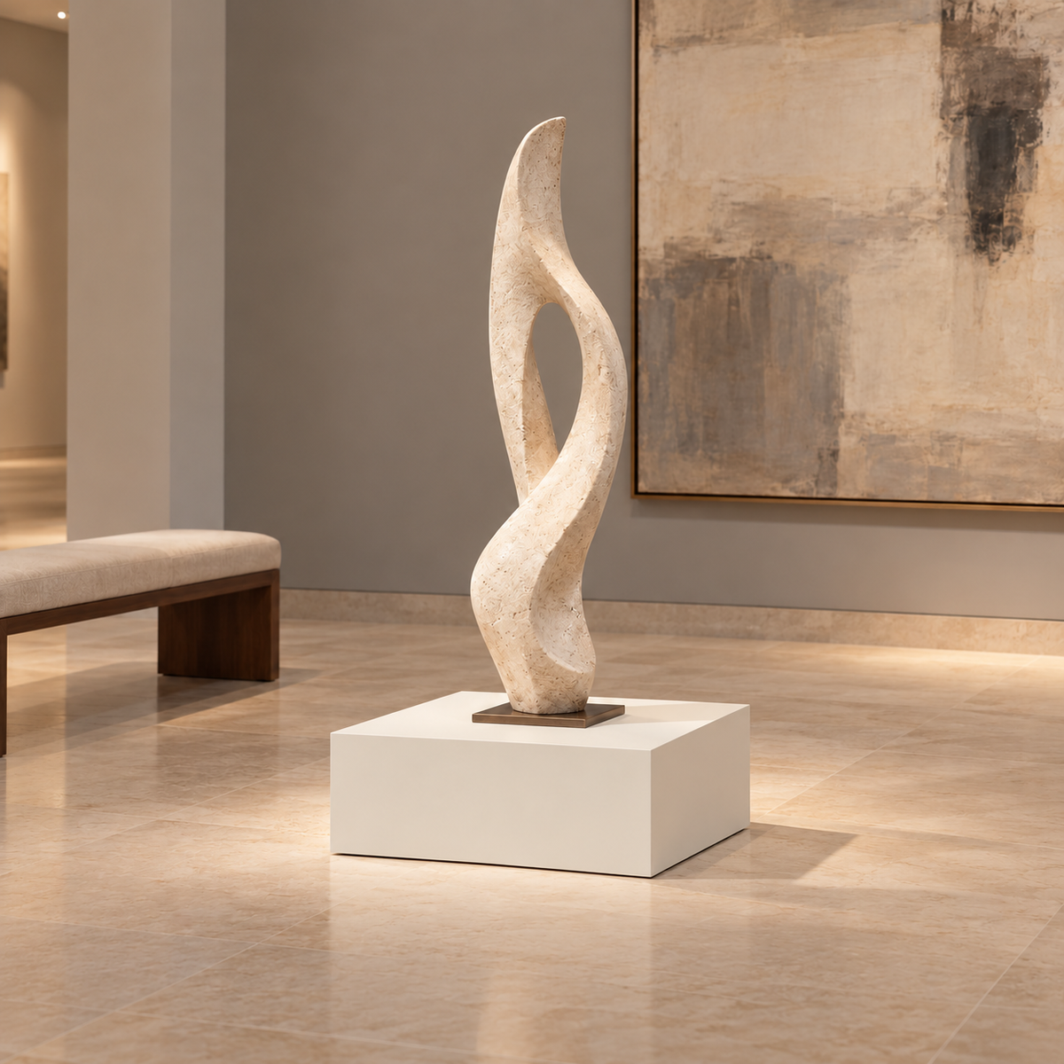 Titan 23 × 23 × 12 inch painted pedestal in Alabaster SW 7008, styled with artwork.