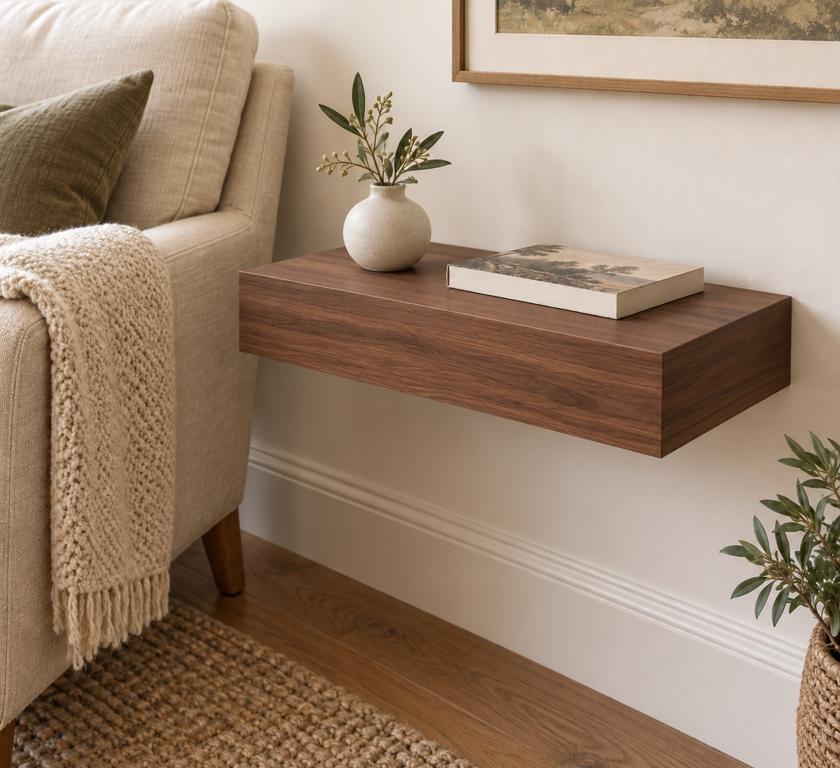 18-inch long, 3-inch thick natural walnut floating shelf, standard mount, unlit, in a living room