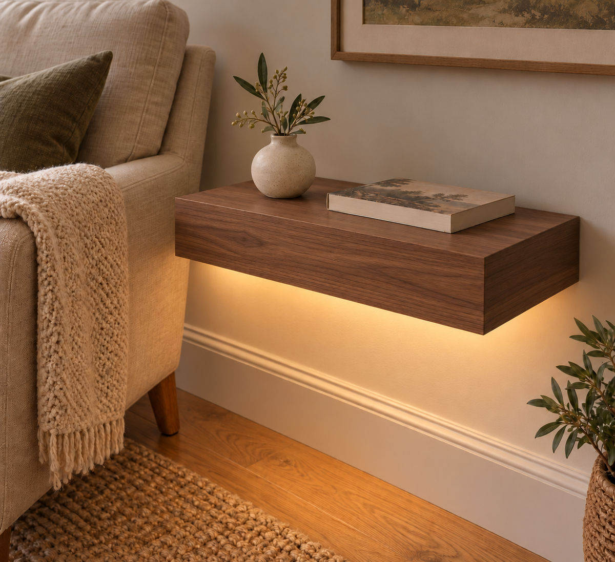 18-inch long, 3-inch thick natural walnut floating shelf, standard mount, LED-ready Bottom Front location shown with separately supplied lighting, living-room rendering