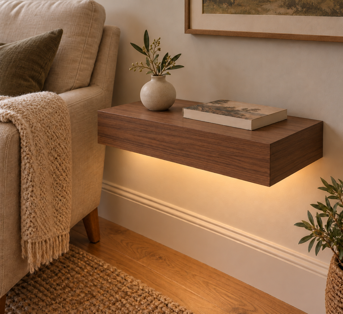 18-inch long, 3-inch thick natural walnut floating shelf, standard mount, LED-ready Bottom Rear location shown with separately supplied lighting, living-room rendering