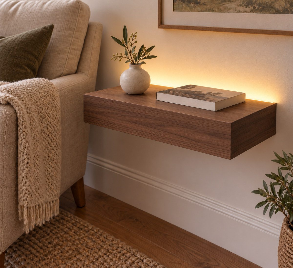 18-inch long, 3-inch thick natural walnut floating shelf, standard mount, LED-ready Top Rear location shown with separately supplied lighting, living-room rendering