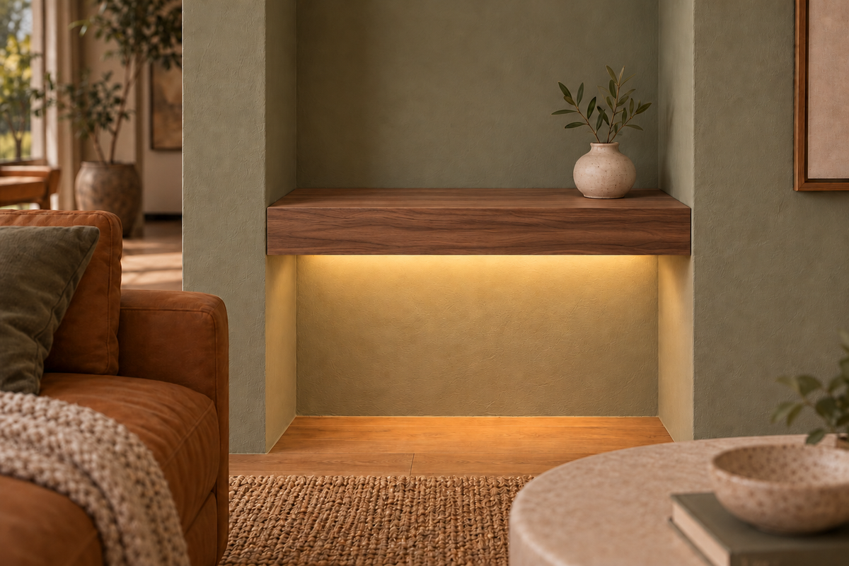 Gentry Stinson Walnut Floating Shelf | 18″ long × 3″ thick | Wall to Wall | Natural | LED Light Ready — Bottom Front location; rendering with separately supplied LED tape