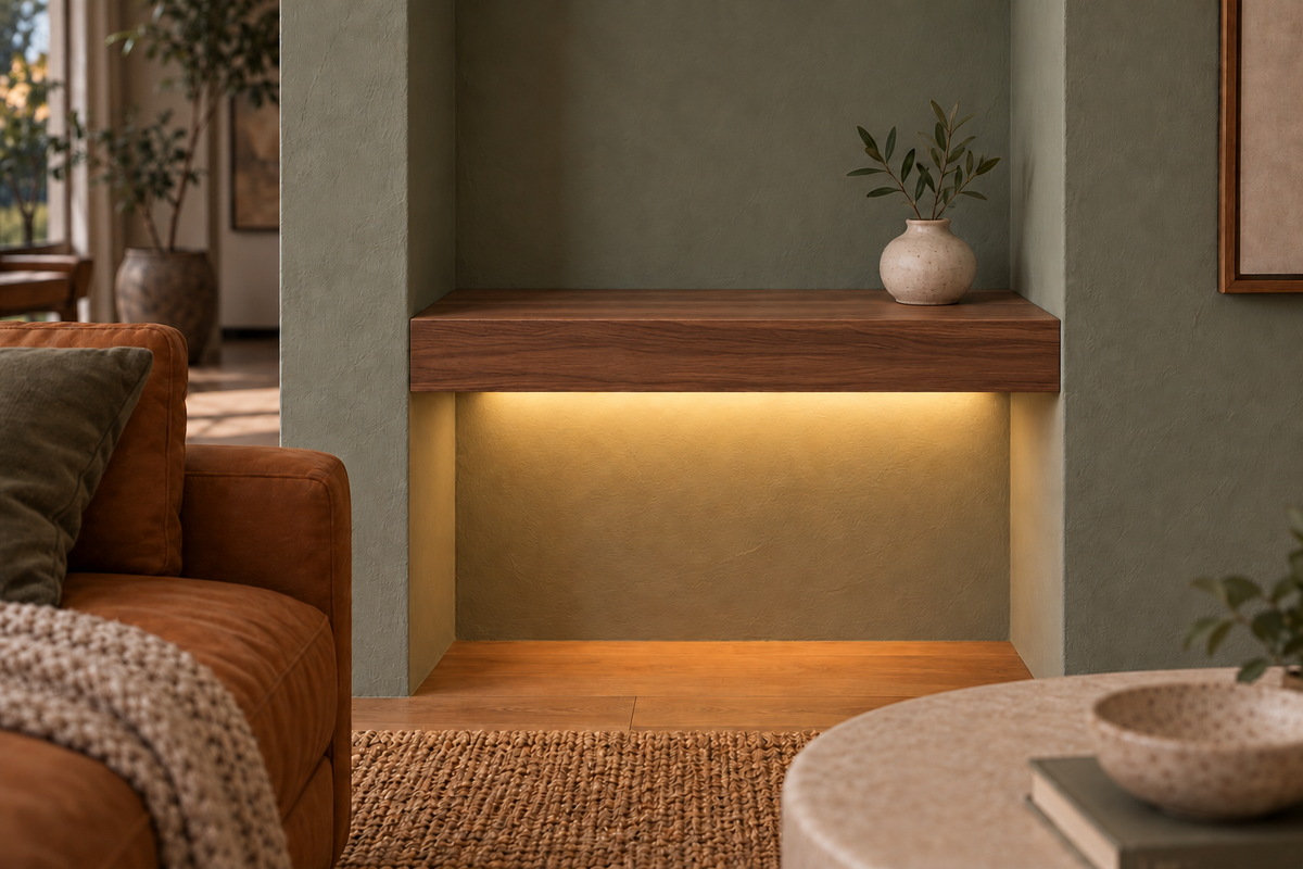 Gentry Stinson Walnut Floating Shelf | 18″ long × 3″ thick | Wall to Wall | Natural | LED Light Ready — Bottom Rear location; rendering with separately supplied LED tape